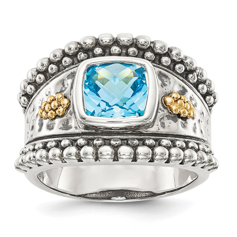 14K/silver Bicolor Shey Couture Sterlingsilber mit 14K Akzente Antikisiert Schachbrett Zargenfassung Blautopas Ring