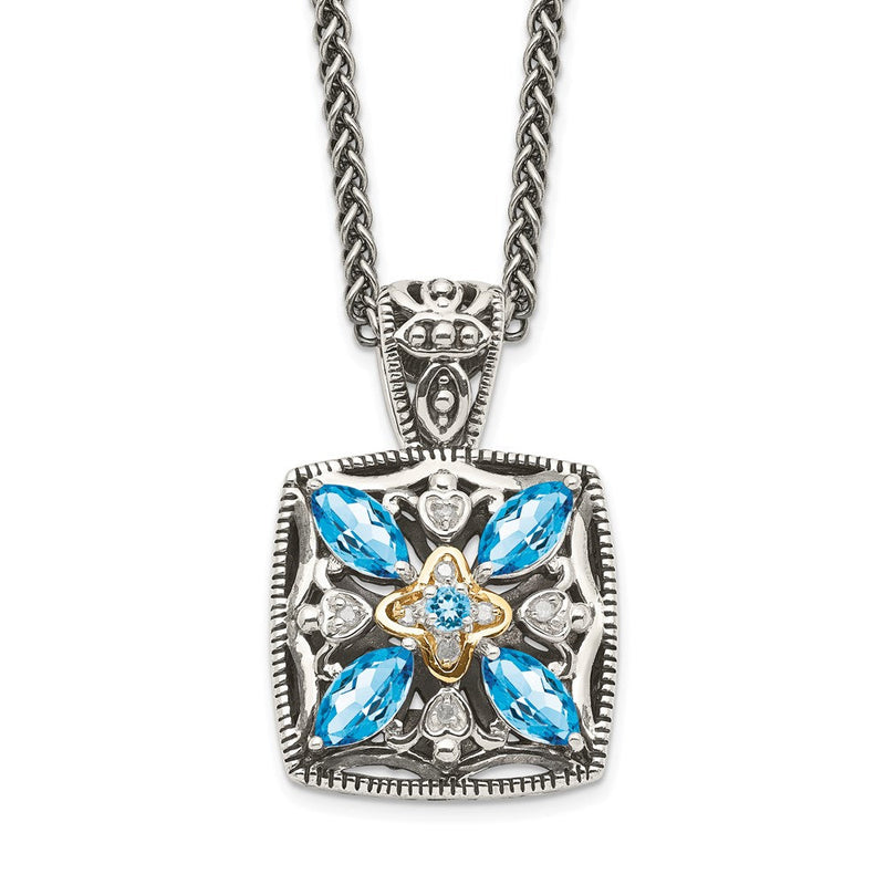 14K/silver Bicolor Shey Couture Sterlingsilber mit 14K Akzente 18 Zoll Antikisiert Diamant und Marquise Blautopas Halskette