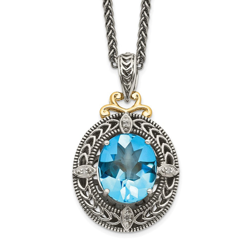14K/silver Bicolor Shey Couture Sterlingsilber mit 14K Akzente 18 Zoll Antikisiert Diamant und Oval Blautopas Halskette