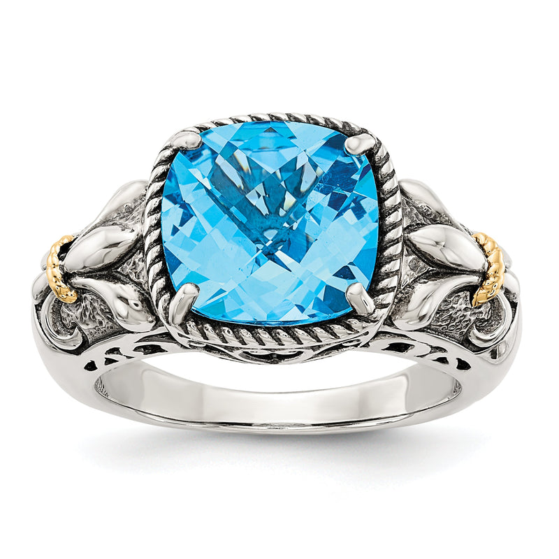 14K/silver Bicolor Shey Couture Sterlingsilber mit 14K Akzente Antikisiert Kissen Schachbrett Blautopas Ring