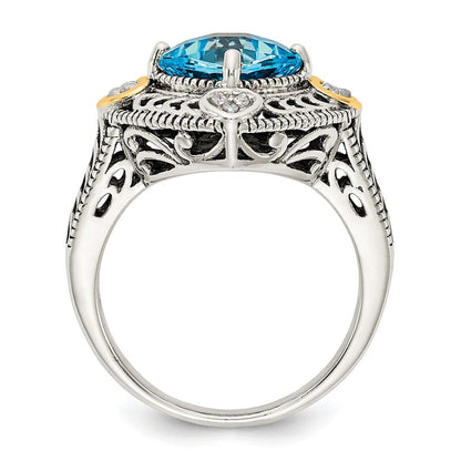 14K/silver Bicolor Shey Couture Sterlingsilber mit 14K Akzente Antikisiert Diamant und Kissen Blautopas Ring