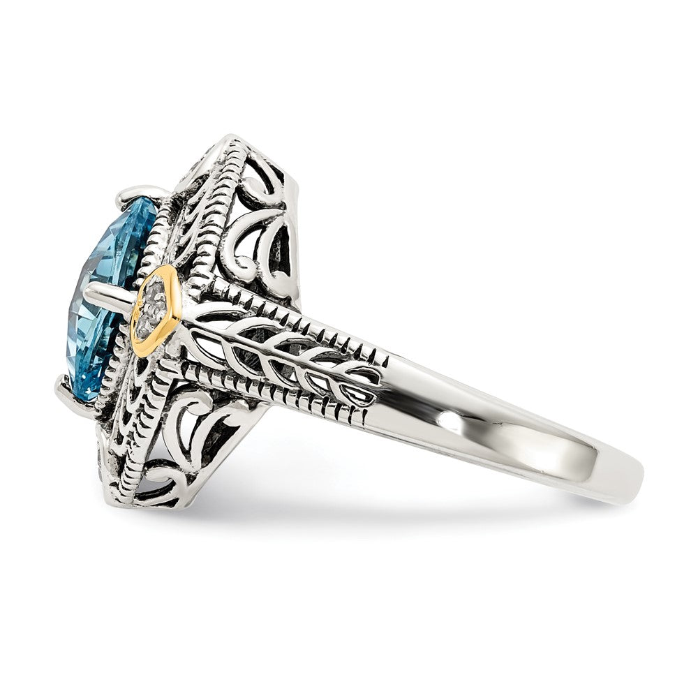 14K/silver Bicolor Shey Couture Sterlingsilber mit 14K Akzente Antikisiert Diamant und Kissen Blautopas Ring