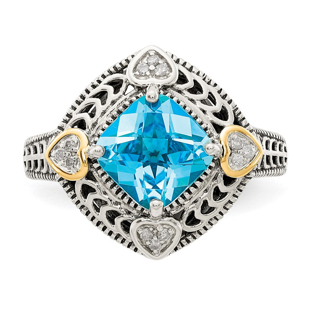 14K/silver Bicolor Shey Couture Sterlingsilber mit 14K Akzente Antikisiert Diamant und Kissen Blautopas Ring