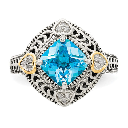 14K/silver Bicolor Shey Couture Sterlingsilber mit 14K Akzente Antikisiert Diamant und Kissen Blautopas Ring