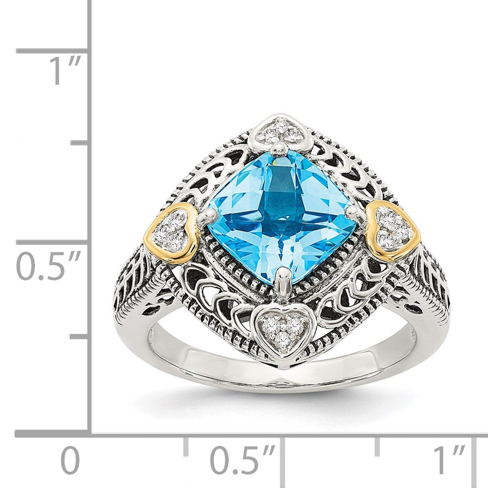 14K/silver Bicolor Shey Couture Sterlingsilber mit 14K Akzente Antikisiert Diamant und Kissen Blautopas Ring