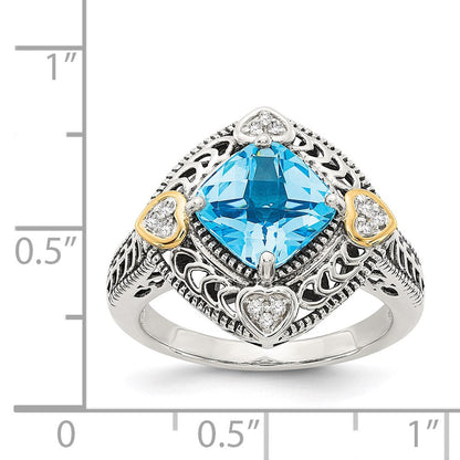 14K/silver Bicolor Shey Couture Sterlingsilber mit 14K Akzente Antikisiert Diamant und Kissen Blautopas Ring