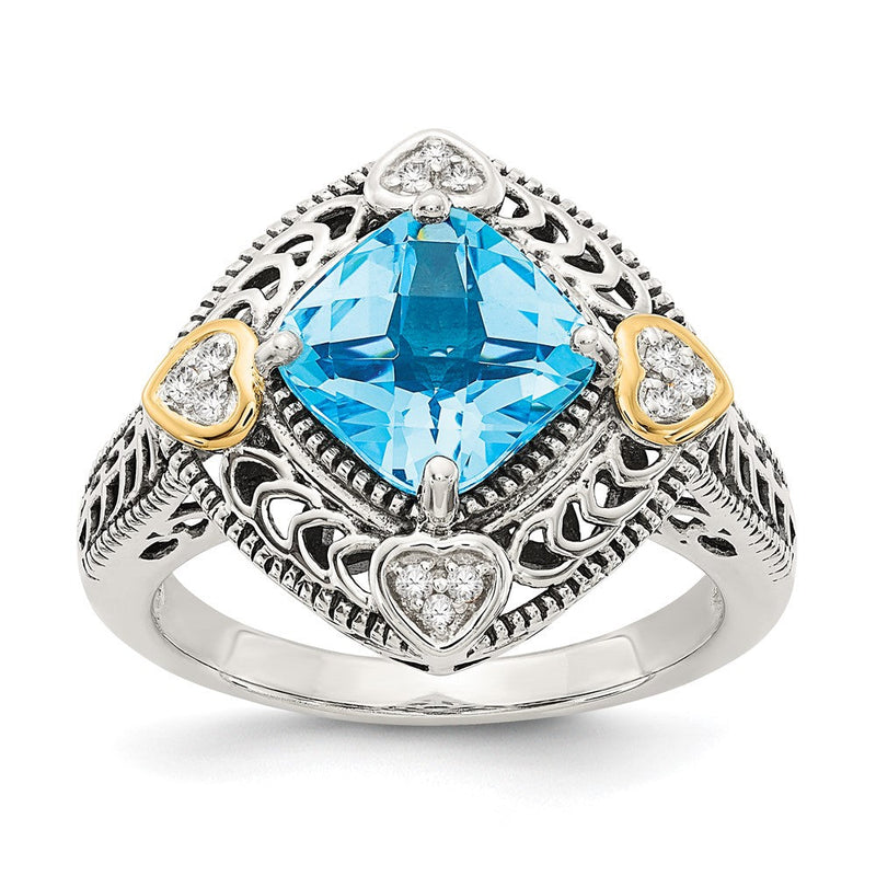14K/silver Bicolor Shey Couture Sterlingsilber mit 14K Akzente Antikisiert Diamant und Kissen Blautopas Ring