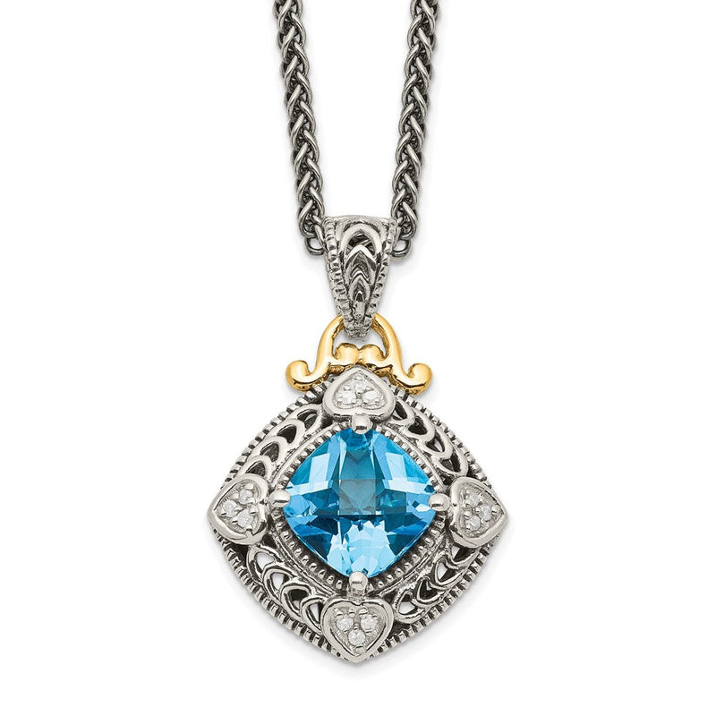 14K/silver Bicolor Shey Couture Sterlingsilber mit 14K Akzente 18 Zoll Antikisiert Diamant und Kissen Blautopas Halskette