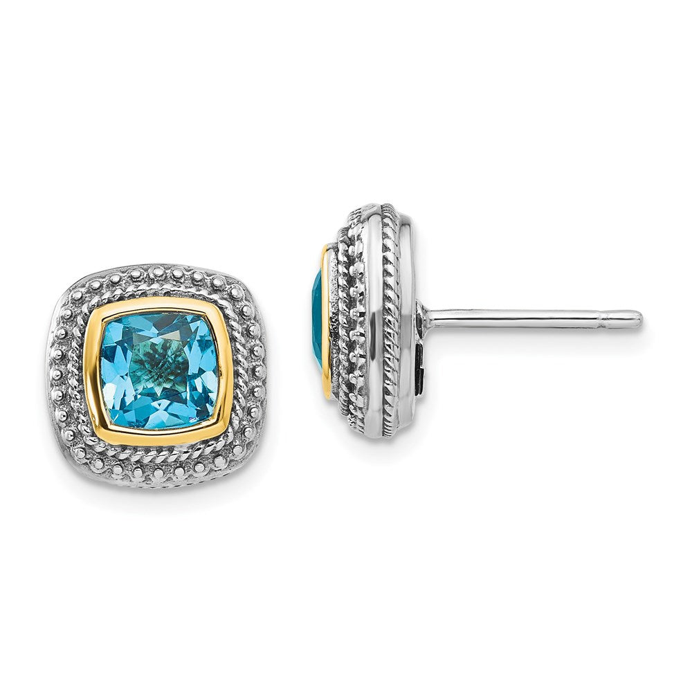 14K/silver Bicolor Shey Couture Sterlingsilber mit 14K Akzente Antikisiert Kissen Zargenfassung Blautopas Ohrstecker