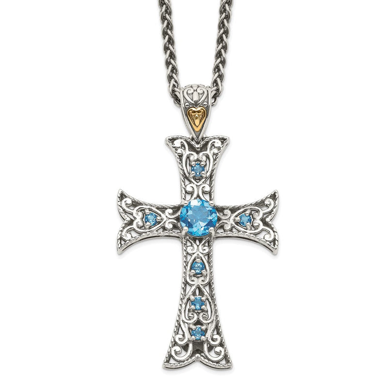 14K/silver Bicolor Shey Couture Sterlingsilber Rhodiniert mit 14K Akzente 18 Zoll Antikisiert Rund Blautopas Kreuz Halskette