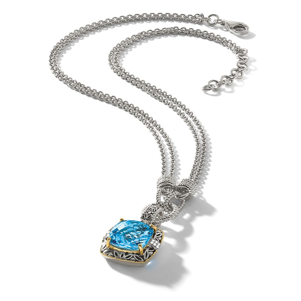 14K/silver Bicolor Shey Couture Sterlingsilber mit 14K Akzente 17 Zoll Antikisiert Himmel Blautopas und Diamant Halskette 1 Verlängerung