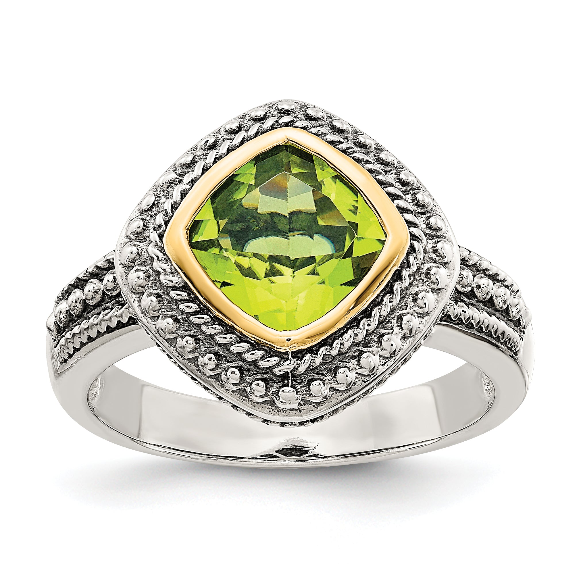 14K/silver Bicolor Shey Couture Sterlingsilber mit 14K Akzente Antikisiert Kissen Zargenfassung Peridot Ring