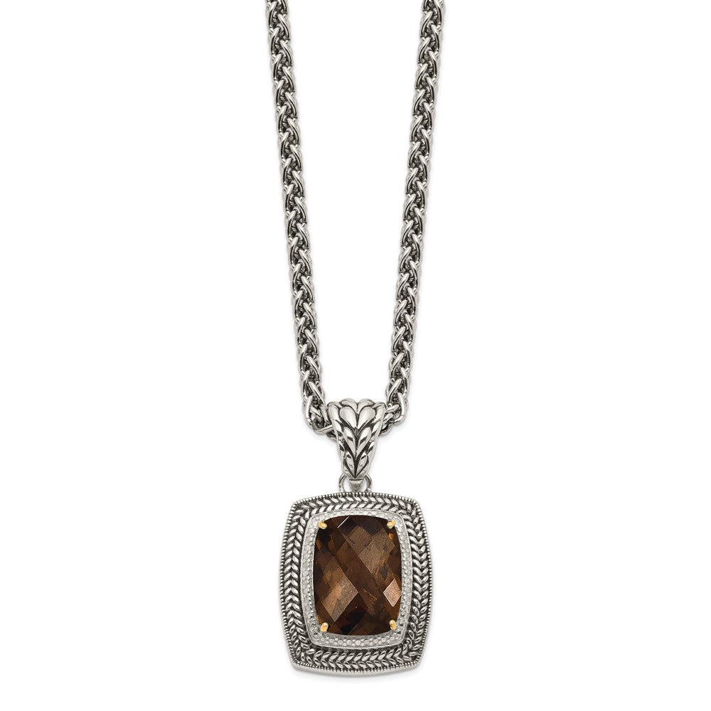 14K/silver Bicolor Shey Couture Sterlingsilber mit 14K Akzente 18 Zoll Antikisiert Kissen Schachbrett Rauch Quarz Halskette