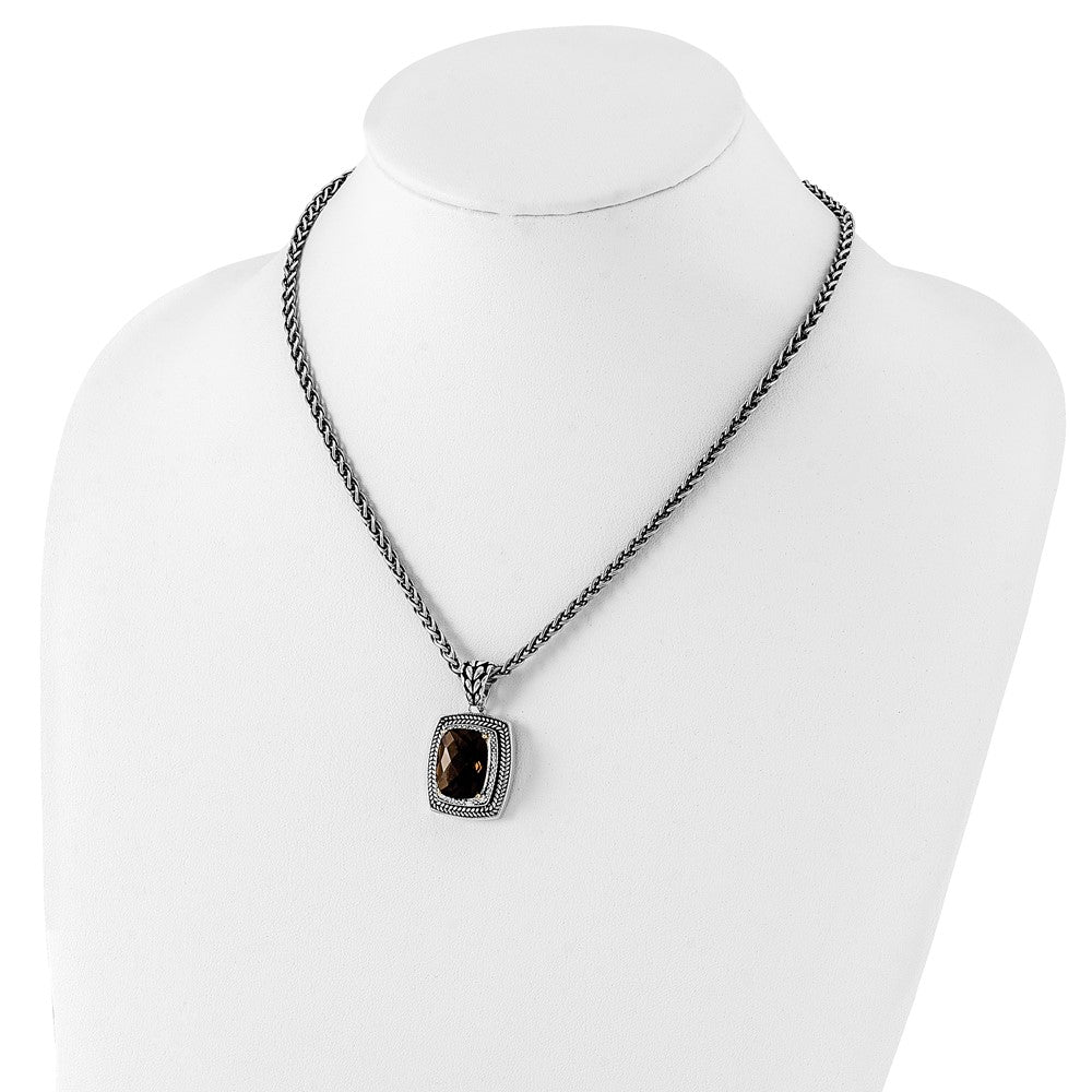 14K/silver Bicolor Shey Couture Sterlingsilber mit 14K Akzente 18 Zoll Antikisiert Kissen Schachbrett Rauch Quarz Halskette