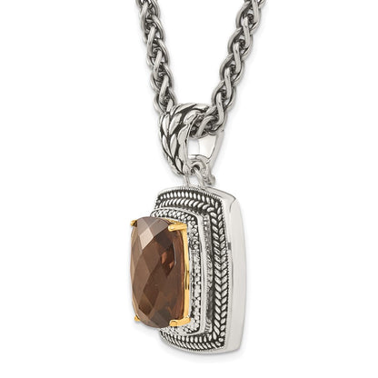 14K/silver Bicolor Shey Couture Sterlingsilber mit 14K Akzente 18 Zoll Antikisiert Kissen Schachbrett Rauch Quarz Halskette