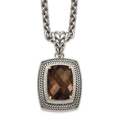 14K/silver Bicolor Shey Couture Sterlingsilber mit 14K Akzente 18 Zoll Antikisiert Kissen Schachbrett Rauch Quarz Halskette