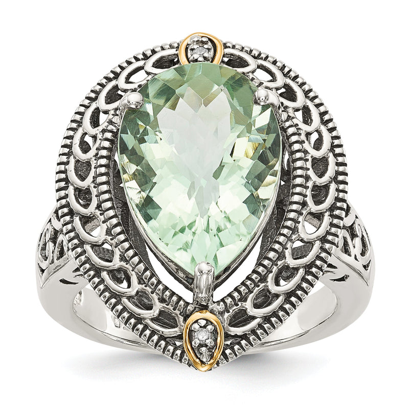 14K/silver Bicolor Shey Couture Sterlingsilber mit 14K Akzente Antikisiert Diamant und Tropfen Geformt Grün Quarz Ring