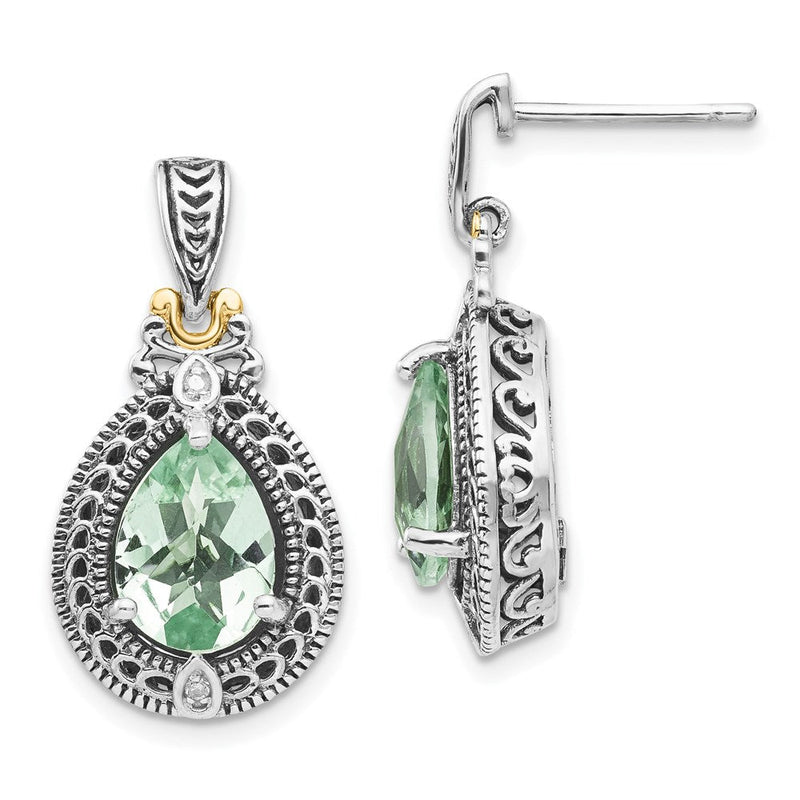 14K/silver Bicolor Shey Couture Sterlingsilber mit 14K Akzente Antikisiert Diamant und Tropfen Geformt Grün Quarz Stecker Ohrhänger