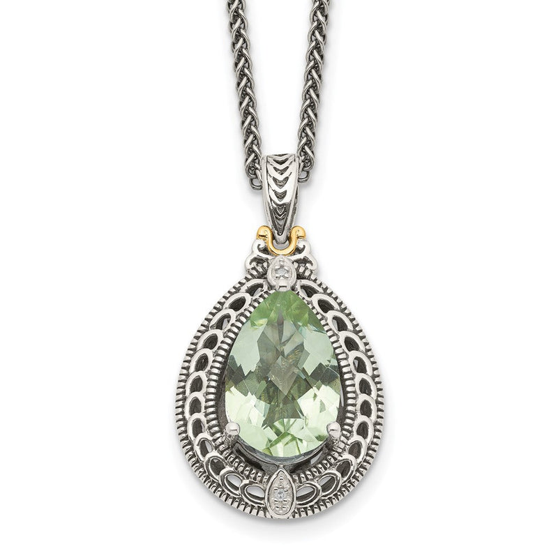 14K/silver Bicolor Shey Couture Sterlingsilber mit 14K Akzente 18 Zoll Antikisiert Diamant und Tropfen Geformt Grün Quarz Halskette