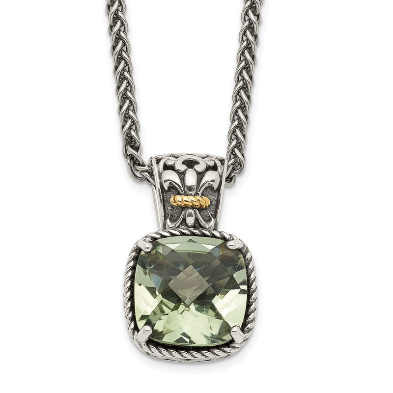 14K/silver Bicolor Shey Couture Sterlingsilber mit 14K Akzente 18 Zoll Antikisiert Kissen Grün Quarz Halskette