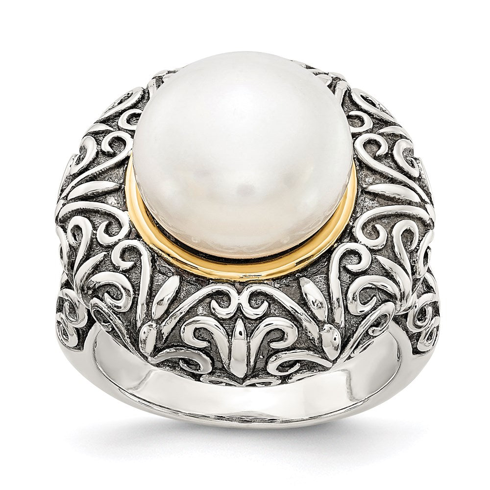 14K/silver Bicolor Sterlingsilber 14K 12mm Fw Zuchtperle Ring (size 7 Nur)