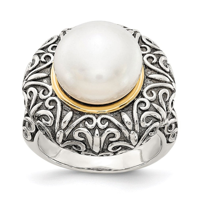 14K/silver Bicolor Sterlingsilber 14K 12mm Fw Zuchtperle Ring (size 7 Nur)
