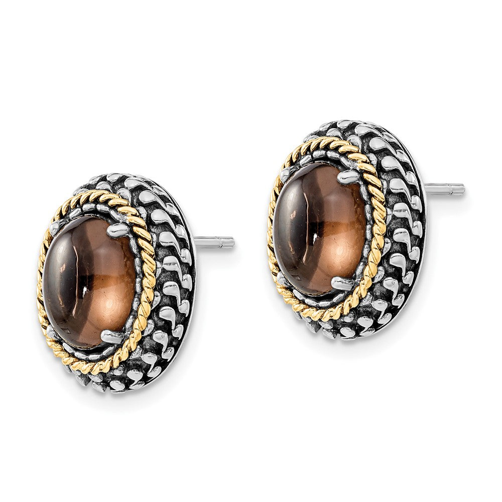 14K/silver Bicolor Sterlingsilber 14K Poliert & Antikisiert Oval Rauch Quarz Ohrstecker