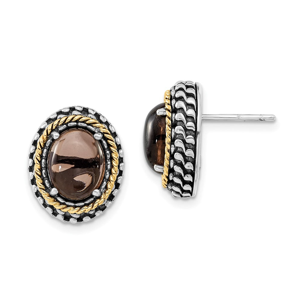 14K/silver Bicolor Sterlingsilber 14K Poliert & Antikisiert Oval Rauch Quarz Ohrstecker