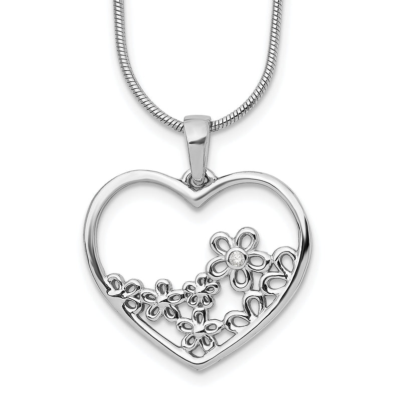 Sterlingsilber Weiß Eis Rhodiniert Diamant 18 Zoll Herz mit Blume Mittig Halskette 2 Verlängerung
