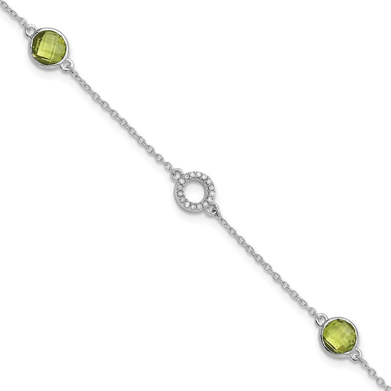 Sterlingsilber Rhodiniert Weiß Eis Diamant & Peridot mit 1 Zoll Verlängerung. Armband