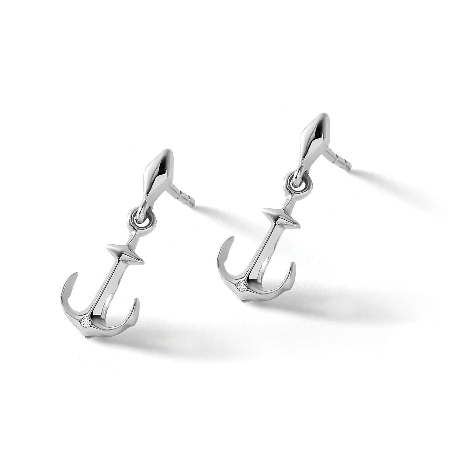 Sterlingsilber-Ohrhänger, rhodiniert, mit Diamant, Anker-Design, mit Ohrstecker-Verschluss