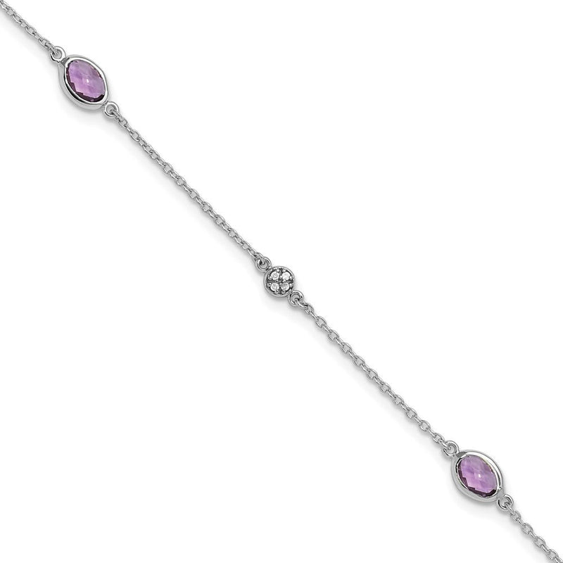 7.25 Zoll Weiß Eis Sterlingsilber Rhodiniert 7.5 Amethyst und Diamant Armband mit 1.25 Verlängerung