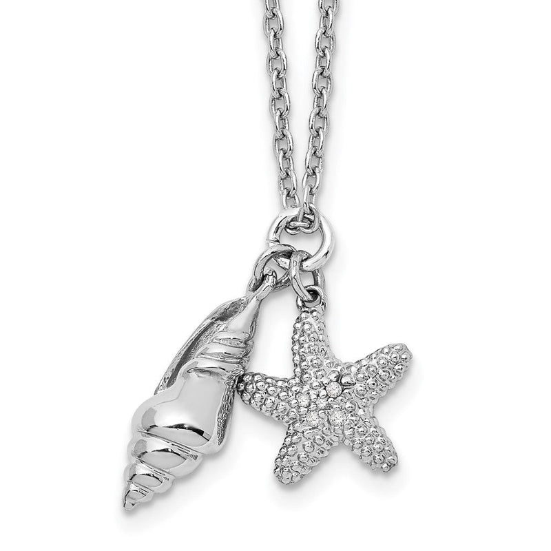 Sterlingsilber Weiß Eis Rhodiniert 18 Zoll Diamant Muschel und Seestern Halskette mit 2 Verlängerung