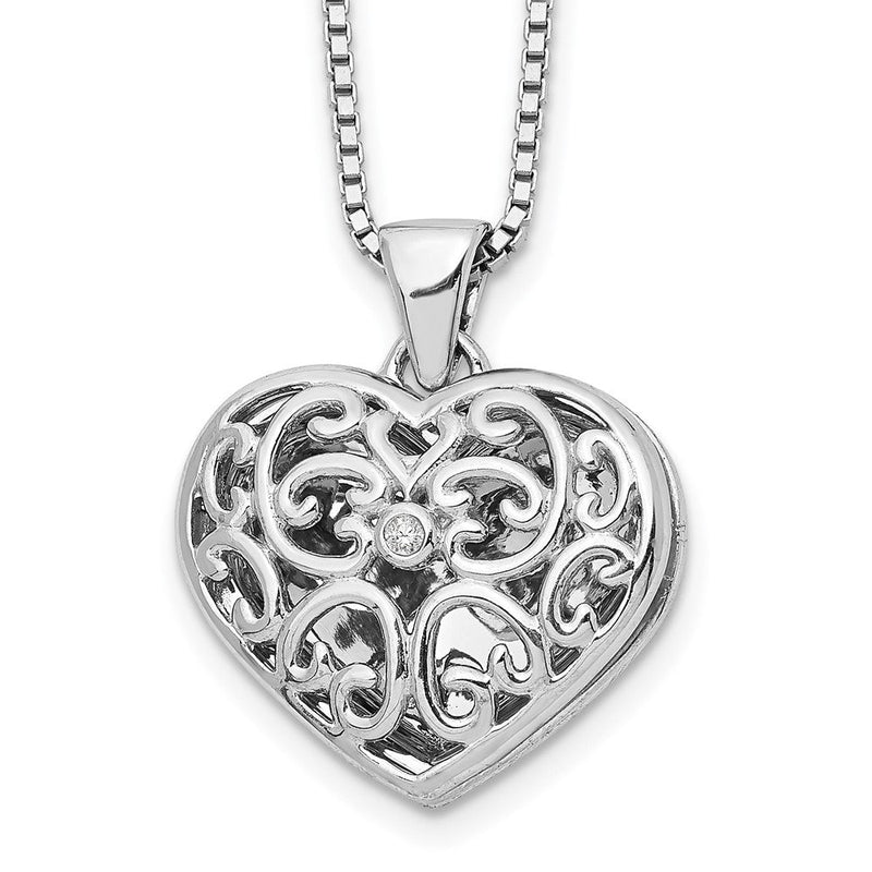 Sterlingsilber Weiß Eis Rhodiniert 18 Zoll Diamant Filigran Herz Medaillon Halskette mit 2 Verlängerung