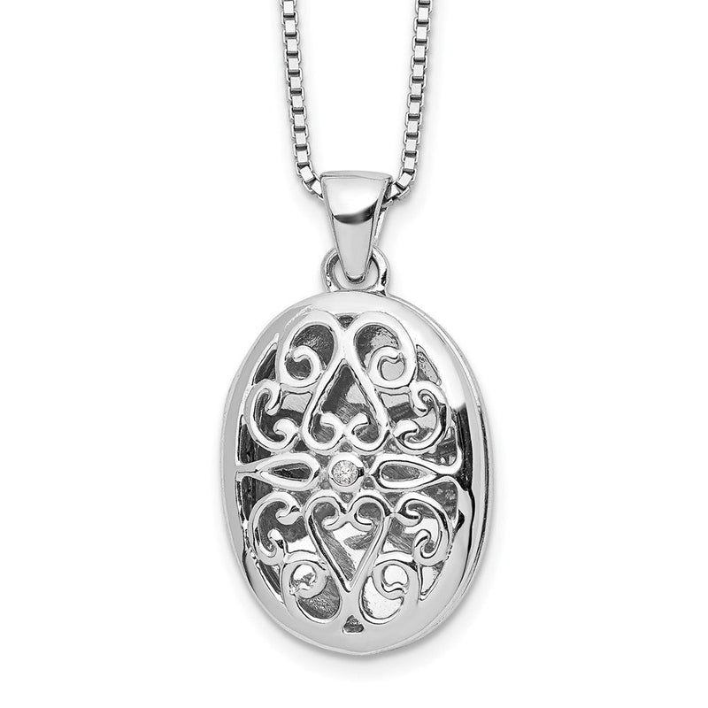 Sterlingsilber Weiß Eis Rhodiniert 18 Zoll Diamant Filigran Oval Medaillon Halskette mit 2 Verlängerung