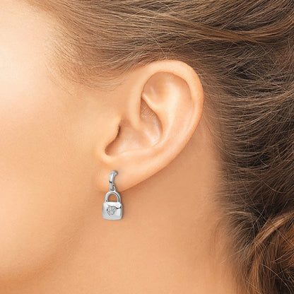 Sterlingsilber Weiß Eis Rhodiniert Diamant Herz Schloss Hängend Ohrstecker