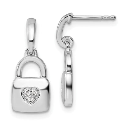 Sterlingsilber Weiß Eis Rhodiniert Diamant Herz Schloss Hängend Ohrstecker