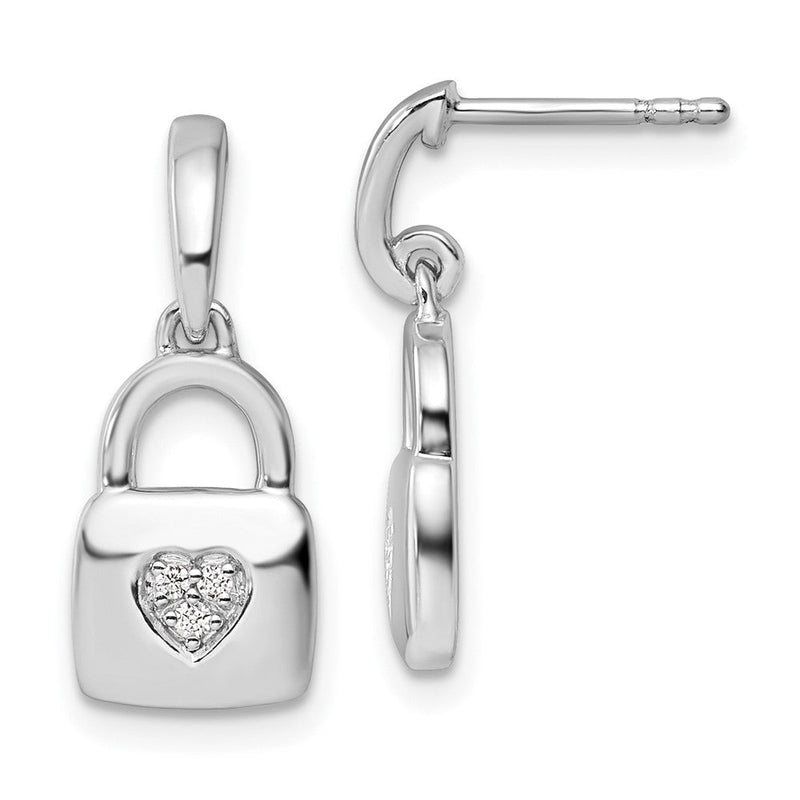Sterlingsilber Weiß Eis Rhodiniert Diamant Herz Schloss Hängend Ohrstecker