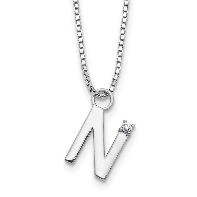 Sterlingsilber Rhodiniert Weiß Eis.03 Diamant Initiale N mit 2 Zoll Verlängerung. Halskette