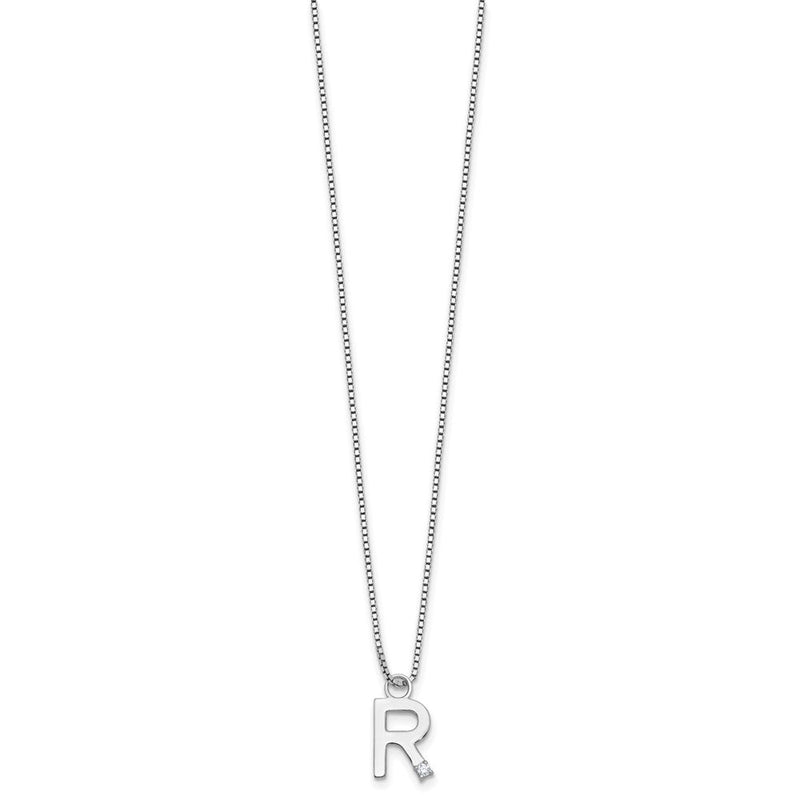 Sterlingsilber Rhodiniert Weiß Eis.03 Diamant Initiale R mit 2 Zoll Verlängerung. Halskette