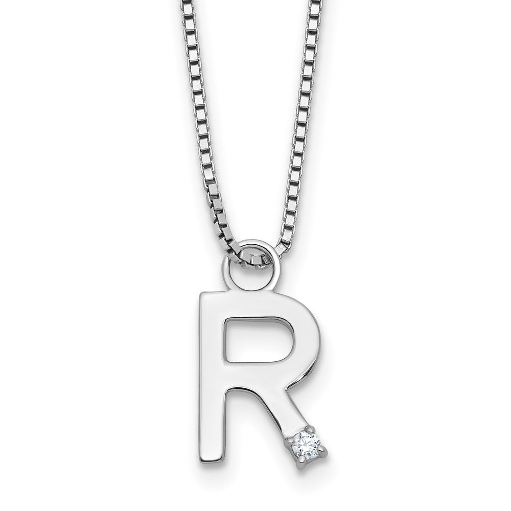Sterlingsilber Rhodiniert Weiß Eis.03 Diamant Initiale R mit 2 Zoll Verlängerung. Halskette