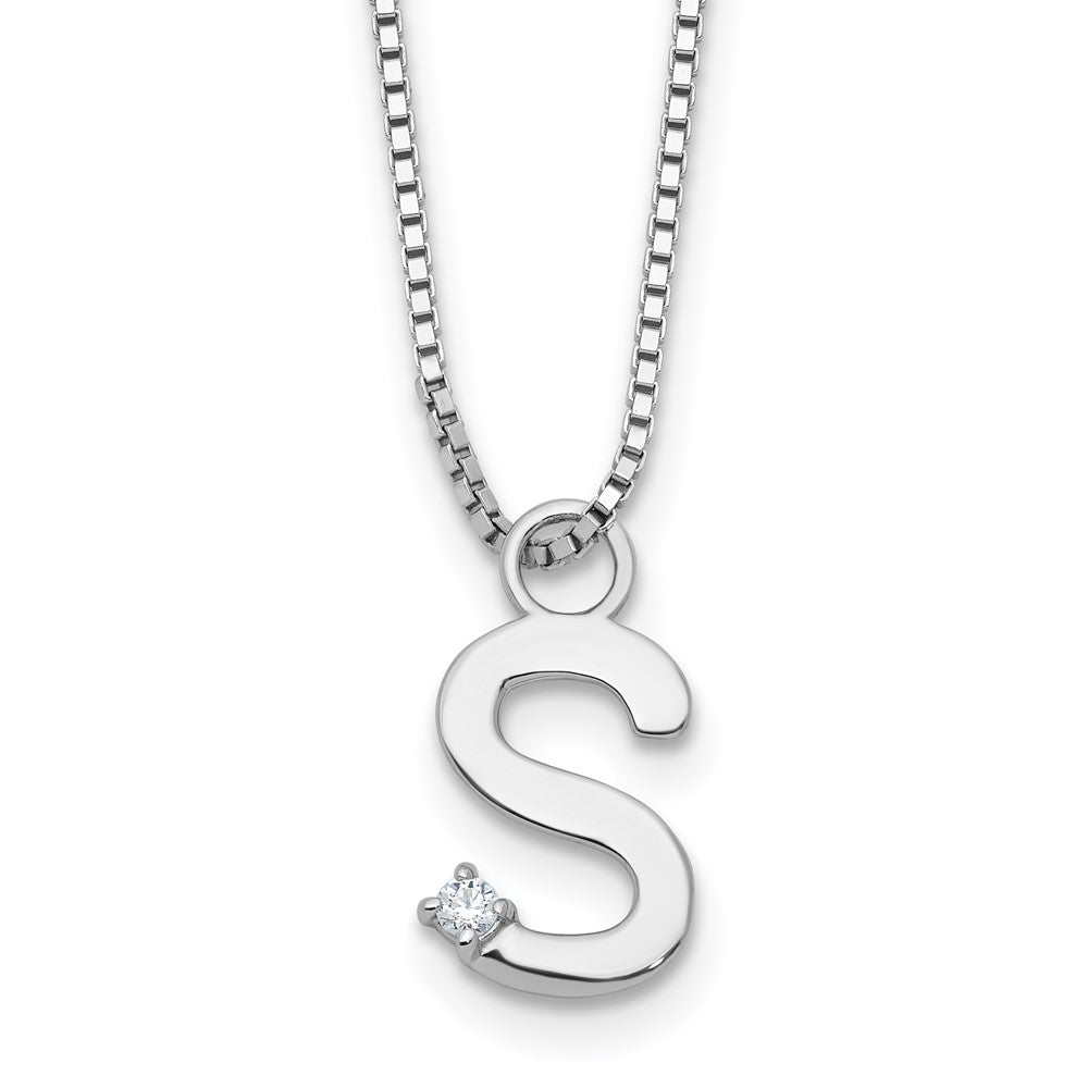 Sterlingsilber Rhodiniert Weiß Eis.03 Diamant Initiale S mit 2 Zoll Verlängerung. Halskette