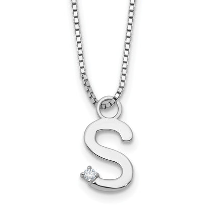 Sterlingsilber Rhodiniert Weiß Eis.03 Diamant Initiale S mit 2 Zoll Verlängerung. Halskette