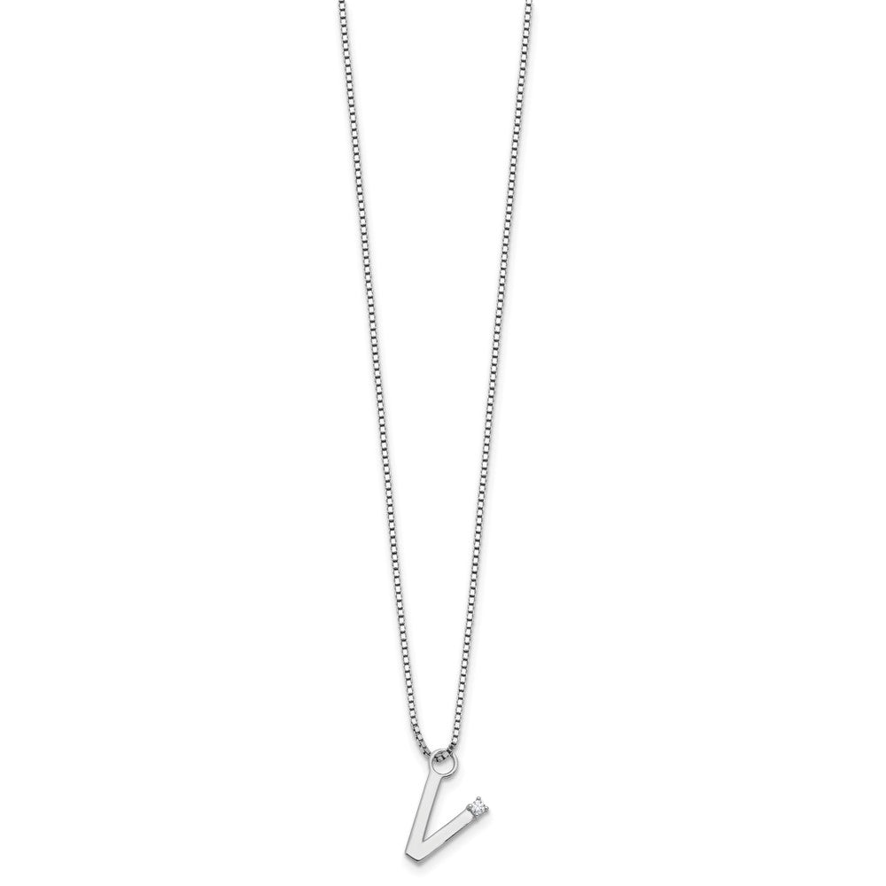 Sterlingsilber Rhodiniert Weiß Eis.03 Diamant Initiale V mit 2 Zoll Verlängerung. Halskette