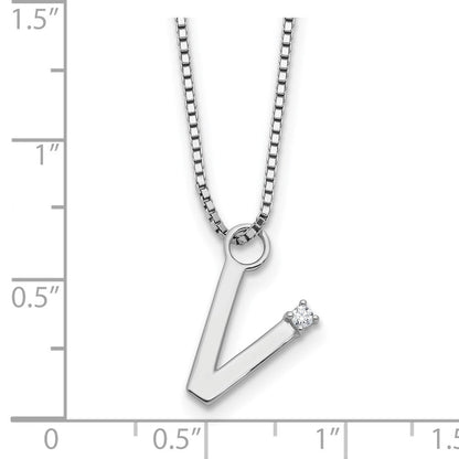 Sterlingsilber Rhodiniert Weiß Eis.03 Diamant Initiale V mit 2 Zoll Verlängerung. Halskette