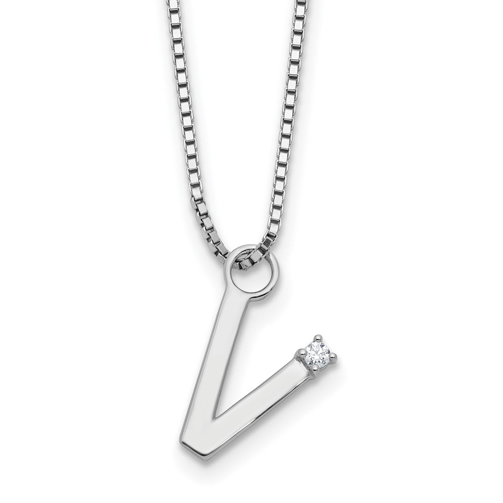 Sterlingsilber Rhodiniert Weiß Eis.03 Diamant Initiale V mit 2 Zoll Verlängerung. Halskette