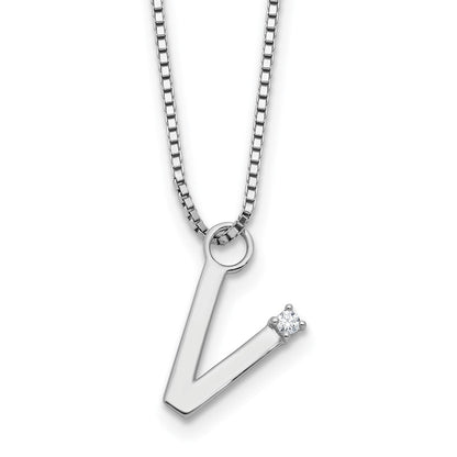 Sterlingsilber Rhodiniert Weiß Eis.03 Diamant Initiale V mit 2 Zoll Verlängerung. Halskette