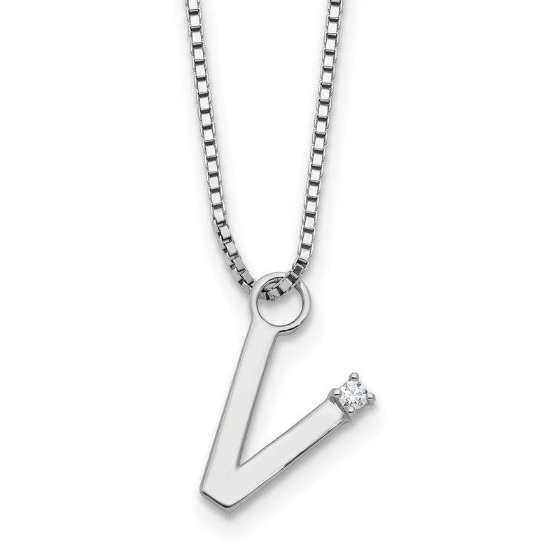 Sterlingsilber Rhodiniert Weiß Eis.03 Diamant Initiale V mit 2 Zoll Verlängerung. Halskette