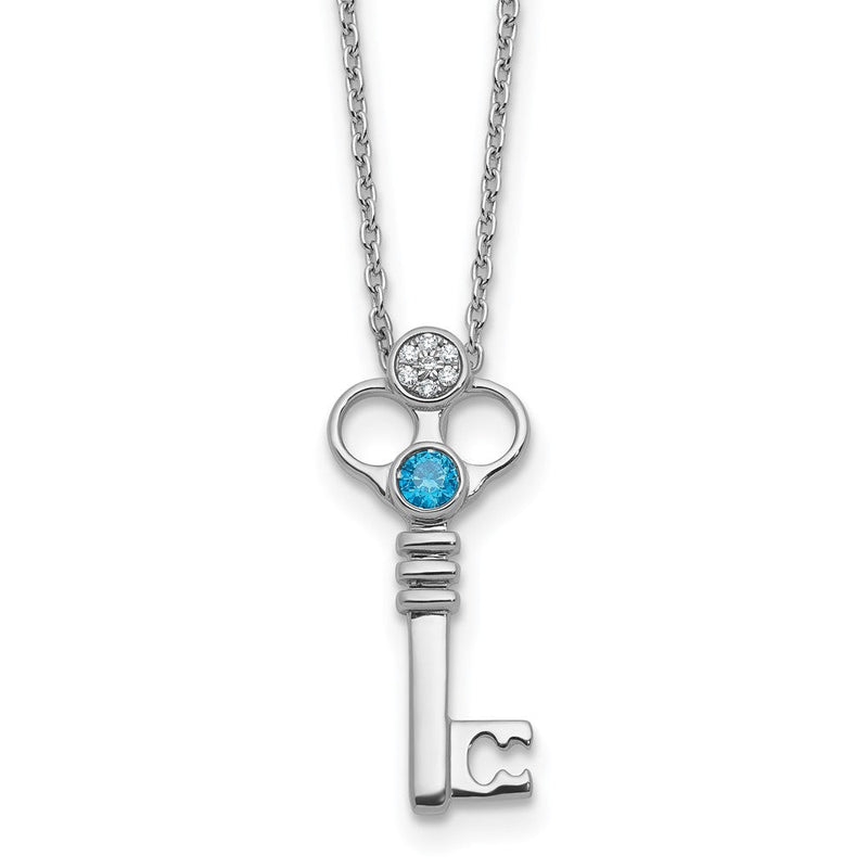 Sterlingsilber Rhodiniert Weiß Eis.03 Diamant und Blautopas Key mit 2 Zoll Verlängerung Halskette