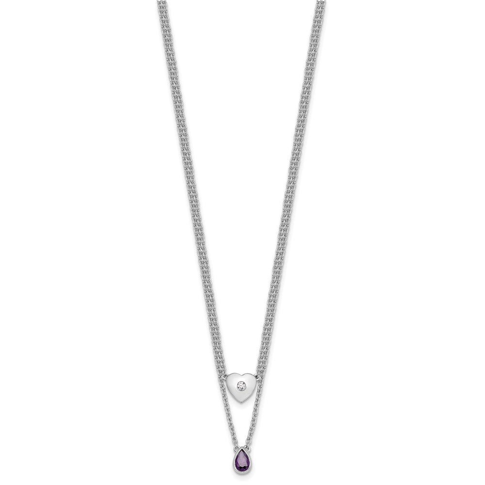 Sterlingsilber Rhodiniert Weiß Eis.05 Diamant und Amethyst 2-strand Herz Halskette